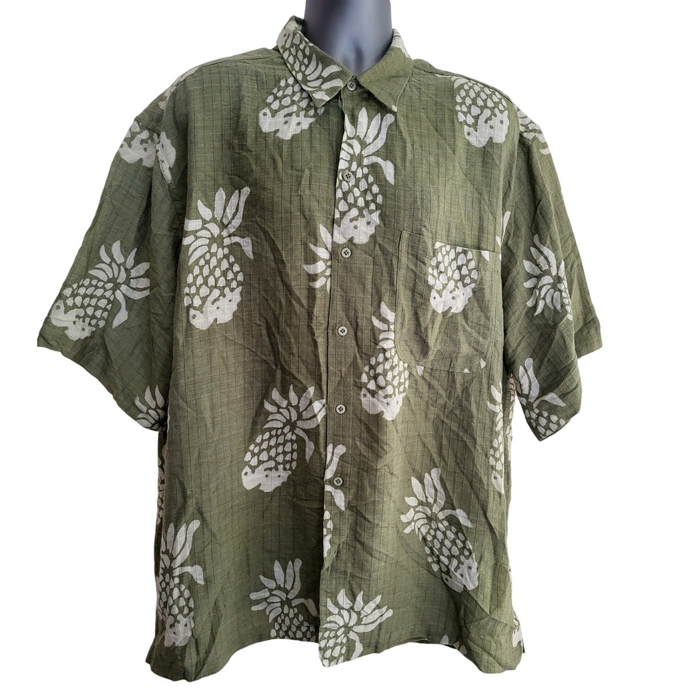 Back East Tropical Shirt Mens XXL Green Pineapple Print Cotton Casual Vacation‎